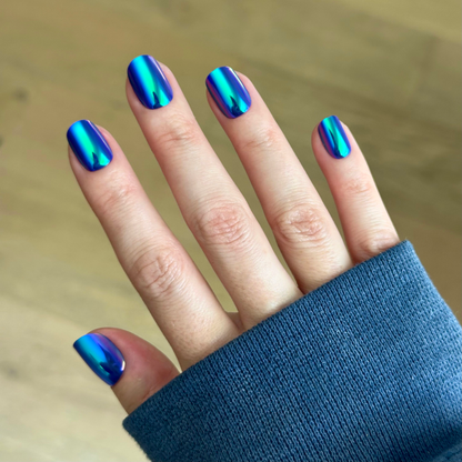 Electric Blue Iridescent Chrome - Press-On | Extra Short | Squoval