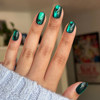 Emerald Velvet with Black Bow - Tab Press-On | Extra Short | Round