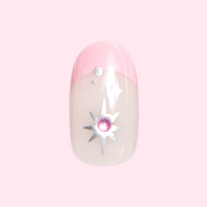 Bubblegum French with Metallic Stars - Press On | Short | Round