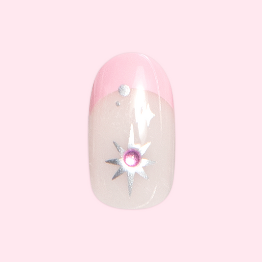 Bubblegum French with Metallic Stars - Press On | Short | Round