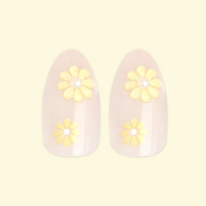 Flower Party with 3D Pearls - Press On | Medium | Almond