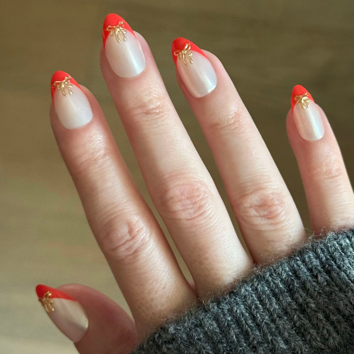 Red Chrome French with Puffy Bows - Press-On | Medium | Almond